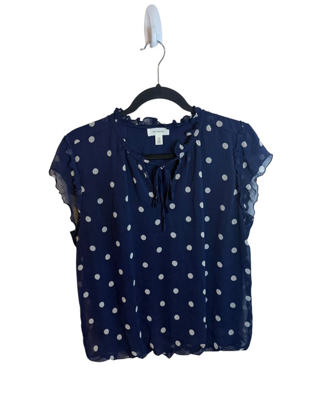 Tamara H Navy Blue Polka Dot Short Sleeve Ruffle Blouse